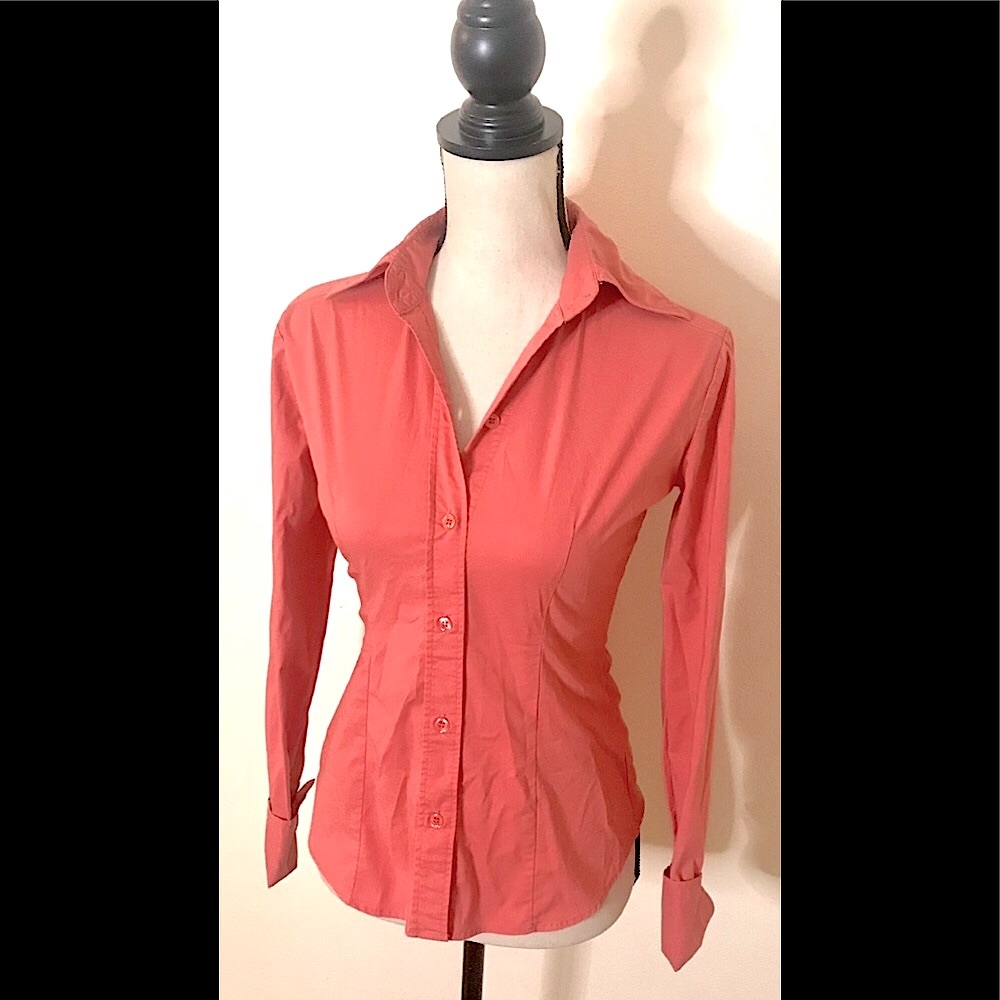 Peach Pink Orange Button Up Blouse Top: Stretch, Fitted, Long Sleeves, Sz. XS
